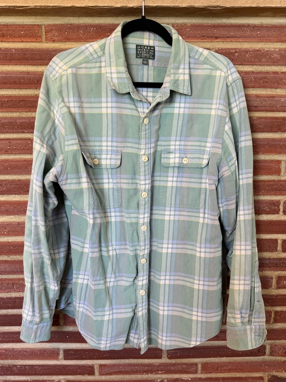 J Crew Mens Green Plaid Cotton Flannel Button Up Shirt Sz L Pastel Sage